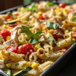 ['A close-up view of a colorful summer pasta dish featuring zucchini, corn, tomatoes, fresh basil, and chicken.', 'A vibrant bowl of dump-and-bake summer pasta filled with fresh vegetables and tender chicken.', 'Juicy summer pasta showcasing a mix of zucchini, corn, tomatoes, basil, and chicken, captured in detail.', 'Side view of a delicious summer pasta dish, highlighting the ingredients of zucchini, corn, and chicken.']
