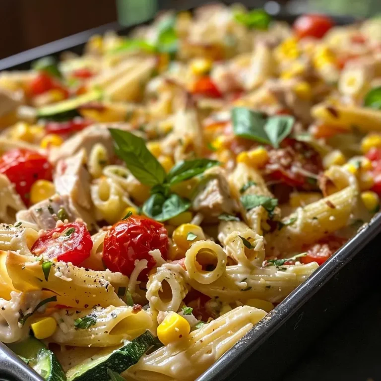 ['A close-up view of a colorful summer pasta dish featuring zucchini, corn, tomatoes, fresh basil, and chicken.', 'A vibrant bowl of dump-and-bake summer pasta filled with fresh vegetables and tender chicken.', 'Juicy summer pasta showcasing a mix of zucchini, corn, tomatoes, basil, and chicken, captured in detail.', 'Side view of a delicious summer pasta dish, highlighting the ingredients of zucchini, corn, and chicken.']