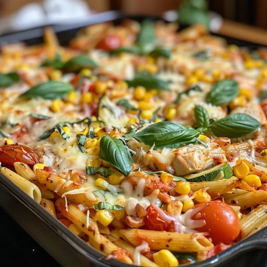 A close-up view of a colorful summer pasta dish featuring zucchini, corn, tomatoes, fresh basil, and chicken.