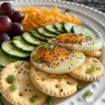 ['Close-up view of a colorful Easy Adult Lunchables platter featuring eggs, cheese, and vegetables.', 'Side view of an Easy Adult Lunchables meal with sliced cucumbers, grapes, and crackers.', 'Detailed shot of a lunchables-style plate with eggs, cheese, hummus, and assorted fruits.', 'Vibrant arrangement of Easy Adult Lunchables ingredients including aged cheddar and everything seasoning.']
