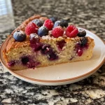 ['A side view of a slice of Easy Berry Cake displaying juicy blueberries and raspberries.', 'Close-up of a moist berry cake showcasing mixed berries and a rich buttery texture.', 'A delicious slice of Easy Berry Cake with vibrant berries on top, emphasizing its fluffy interior.', 'A detailed view of a piece of berry cake, highlighting the colorful fruit and cake layers.']
