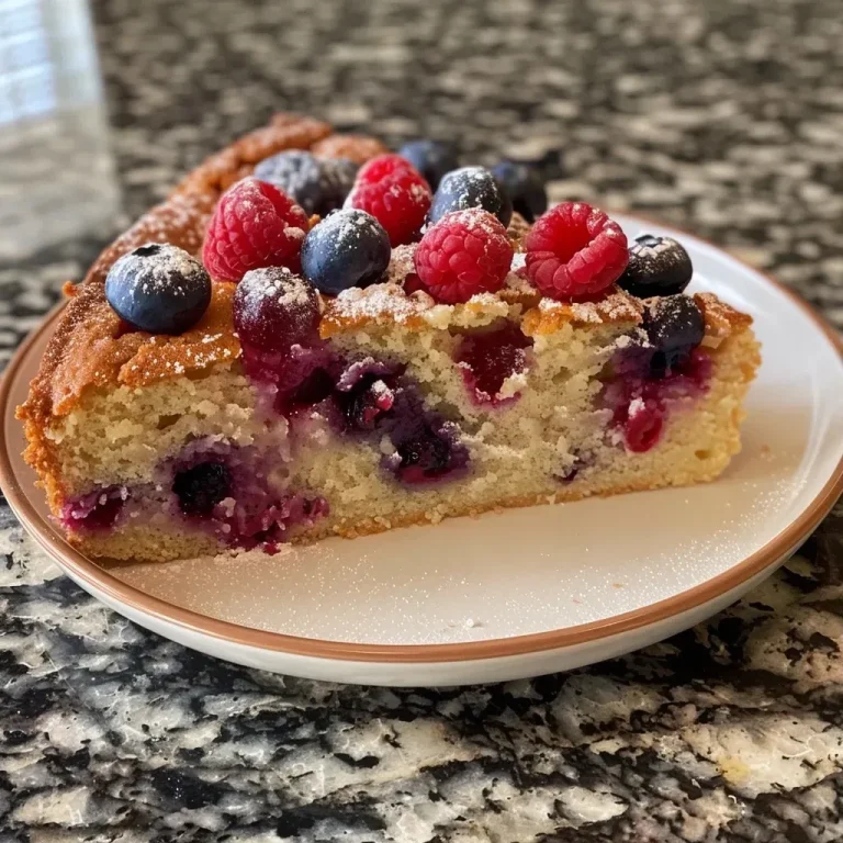 ['A side view of a slice of Easy Berry Cake displaying juicy blueberries and raspberries.', 'Close-up of a moist berry cake showcasing mixed berries and a rich buttery texture.', 'A delicious slice of Easy Berry Cake with vibrant berries on top, emphasizing its fluffy interior.', 'A detailed view of a piece of berry cake, highlighting the colorful fruit and cake layers.']