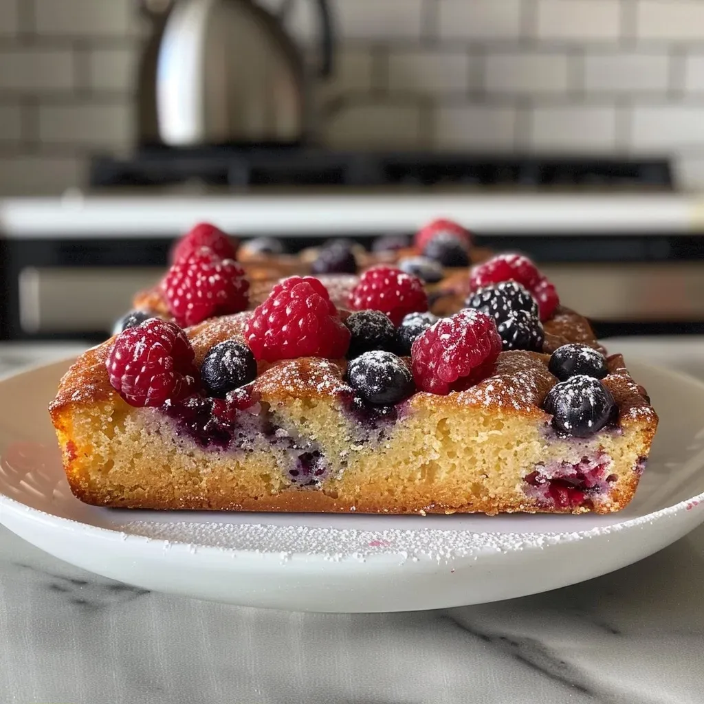 ['A side view of a slice of Easy Berry Cake displaying juicy blueberries and raspberries.', 'Close-up of a moist berry cake showcasing mixed berries and a rich buttery texture.', 'A delicious slice of Easy Berry Cake with vibrant berries on top, emphasizing its fluffy interior.', 'A detailed view of a piece of berry cake, highlighting the colorful fruit and cake layers.']