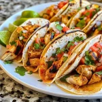 ['Close-up view of grilled chicken tacos with toppings on a plate.', 'Juicy chicken tacos garnished with cilantro, lime, and pico de gallo.', 'Side view of tacos filled with grilled chicken and fresh ingredients.', 'Colorful display of Easy Grilled Chicken Tacos ready to eat.']