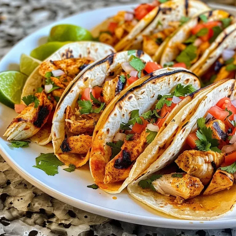 ['Close-up view of grilled chicken tacos with toppings on a plate.', 'Juicy chicken tacos garnished with cilantro, lime, and pico de gallo.', 'Side view of tacos filled with grilled chicken and fresh ingredients.', 'Colorful display of Easy Grilled Chicken Tacos ready to eat.']
