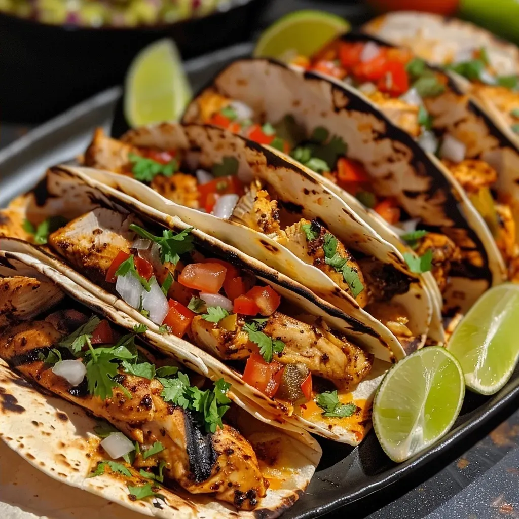 ['Close-up view of grilled chicken tacos with toppings on a plate.', 'Juicy chicken tacos garnished with cilantro, lime, and pico de gallo.', 'Side view of tacos filled with grilled chicken and fresh ingredients.', 'Colorful display of Easy Grilled Chicken Tacos ready to eat.']