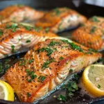 ['Side view of juicy lemon butter salmon fillets in a skillet.', 'Close-up of cooked salmon with lemon and butter in a frying pan.', 'Delicious salmon slices garnished with parsley and lemon zest.', 'Juicy salmon fillets frying in butter with lemon slices beside.']