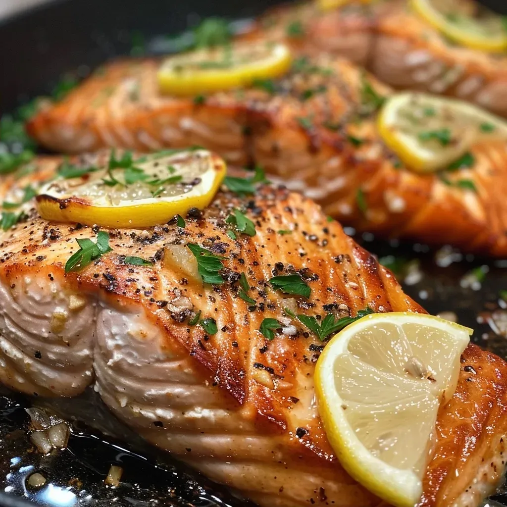 Side view of juicy lemon butter salmon fillets in a skillet.