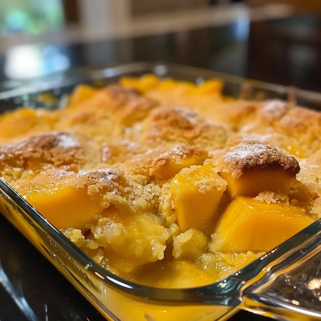 Close-up of a freshly baked mango cobbler with golden biscuit topping and juicy mango filling.