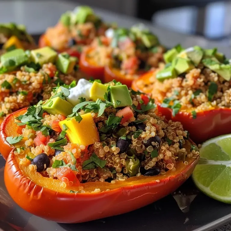 ['Close-up of vibrant quinoa stuffed peppers, showcasing rich colors and fresh ingredients.', 'Side view of juicy, colorful stuffed bell peppers filled with quinoa and black beans.', 'Plate of Easy Quinoa Stuffed Peppers topped with avocado slices and cilantro.', 'Juicy quinoa stuffed peppers arranged attractively with vibrant toppings.']