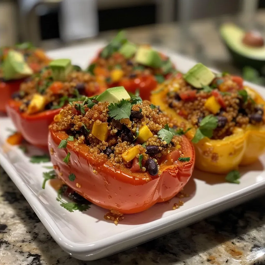Close-up of vibrant quinoa stuffed peppers, showcasing rich colors and fresh ingredients.