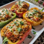 ['Juicy turkey stuffed peppers filled with ground turkey, rice, and cheese, photographed from the side.', 'Close-up view of colorful bell peppers stuffed with a savory turkey and black bean mixture.', 'Side profile of vibrant stuffed peppers, showcasing delicious filling with melted cheese on top.', 'Mouthwatering turkey stuffed bell peppers garnished with fresh cilantro and colorful ingredients.']