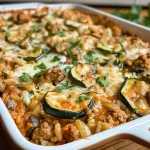 ['Close-up of a hearty turkey, zucchini, and rice casserole in a baking dish.', 'Side view of a golden-brown turkey and vegetable casserole topped with melted cheese.', 'A vibrant casserole dish filled with turkey, zucchini, and rice, garnished with parsley.', 'Juicy turkey and zucchini casserole ready to serve, showing layers of ingredients.']