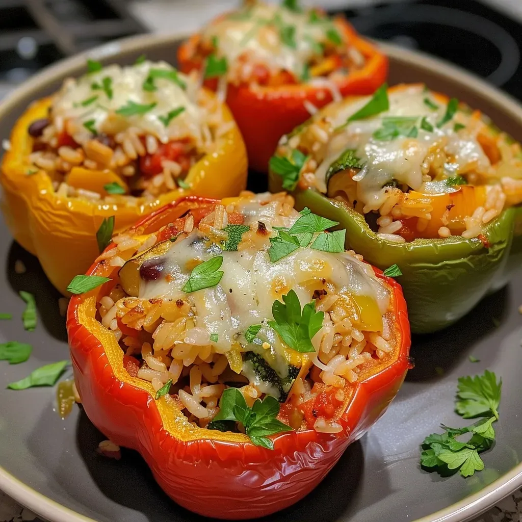 Close-up view of vibrant stuffed bell peppers filled with rice and vegetables.