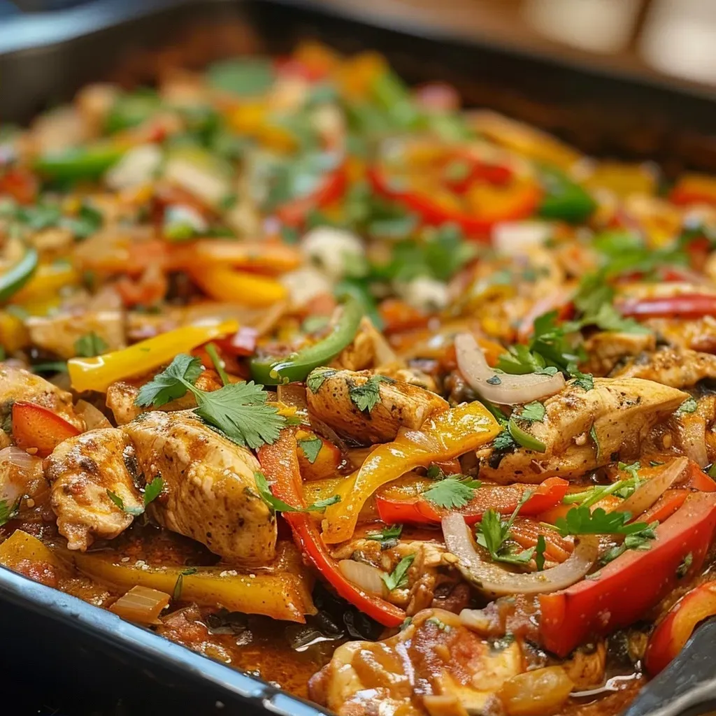 ['Close-up view of a Fajita Chicken Casserole in a baking dish, featuring colorful bell peppers and melted cheese.', 'Side angle photo of a delicious Fajita Chicken Casserole, showcasing tender chicken and vibrant vegetables.', 'Detailed shot of a Fajita Chicken Casserole with layers of chicken, peppers, and cheese, freshly baked.', 'Close-up image of a casserole dish filled with Fajita Chicken Casserole, highlighting fresh cilantro and spices.']
