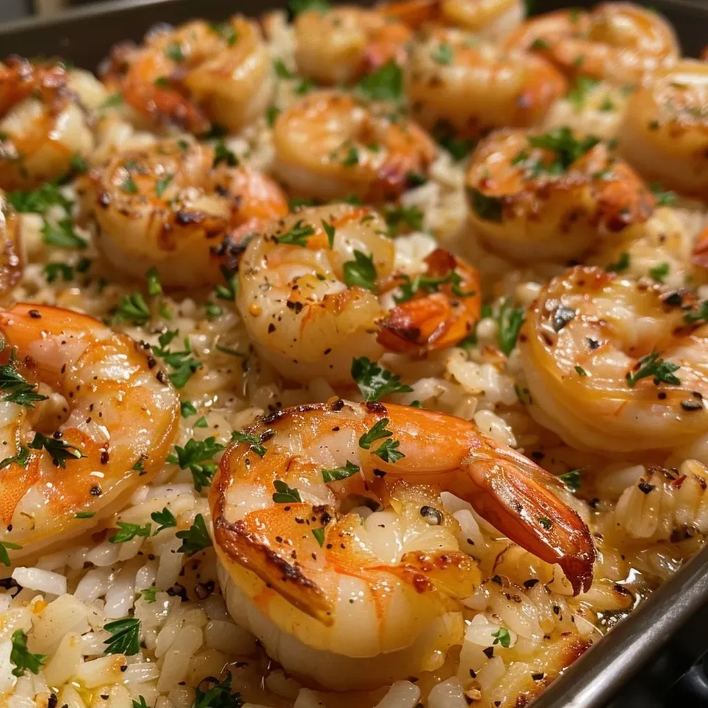 Close-up view of a garlic butter shrimp rice bake with shrimp and herbs on top.
