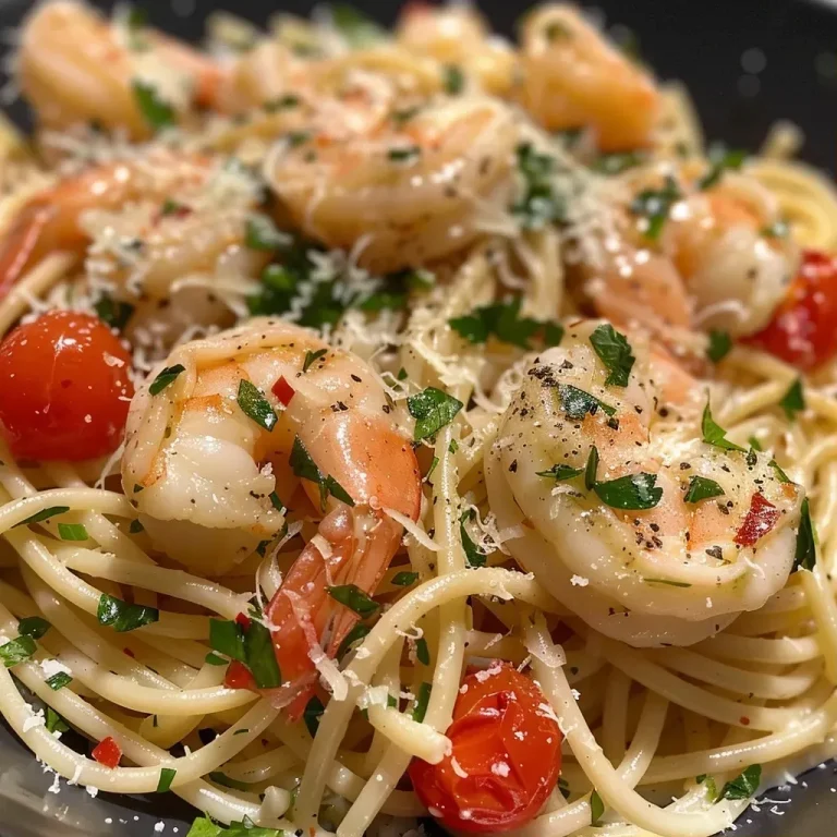 ['Close-up of a plate of garlic shrimp pasta with cherry tomatoes and parsley.', 'Side view of a vibrant garlic shrimp pasta dish garnished with Parmesan cheese.', 'Juicy garlic shrimp pasta presented on a white plate with colorful cherry tomatoes.', 'Delicious garlic shrimp pasta, highlighting shrimp, pasta, and fresh herbs.']