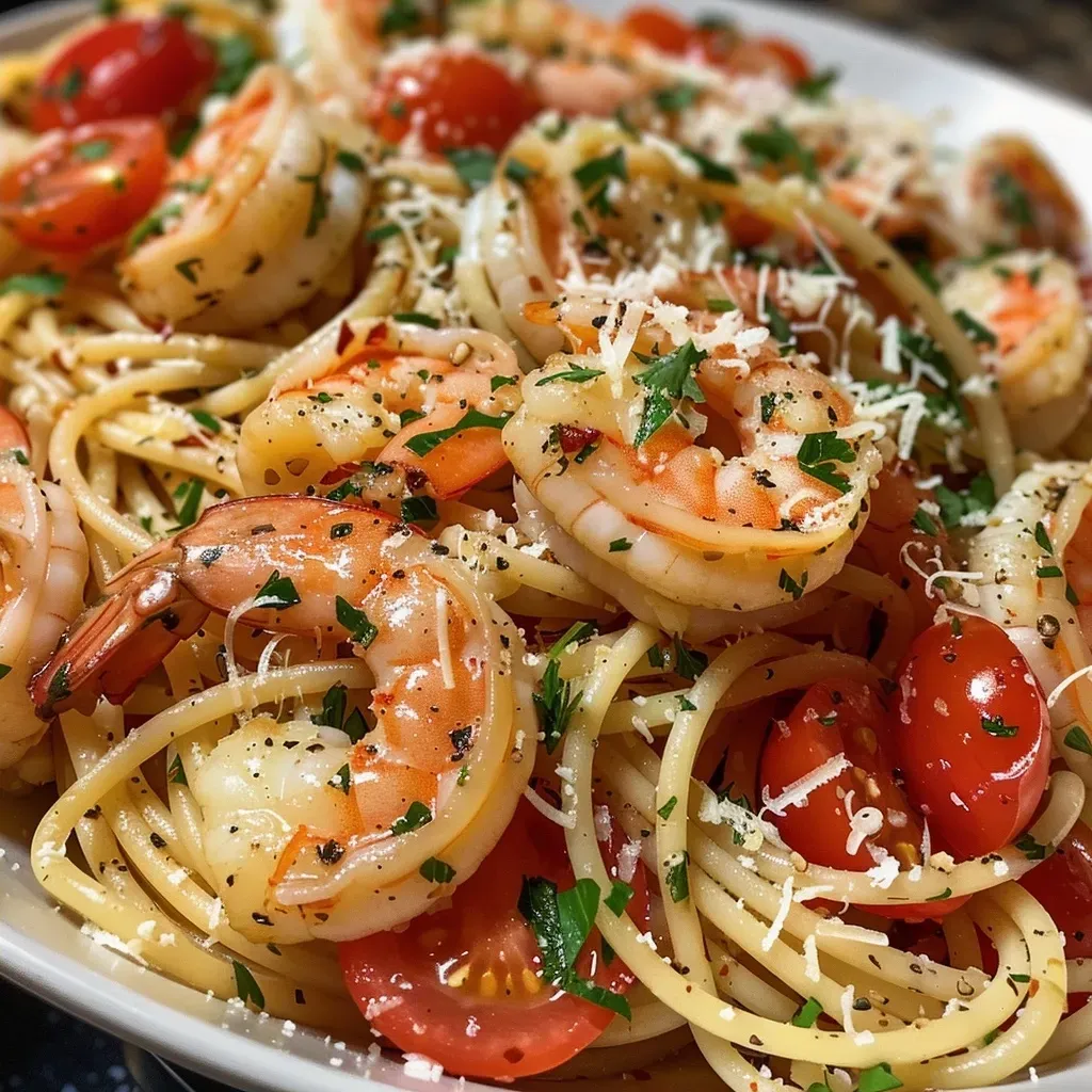 Close-up of a plate of garlic shrimp pasta with cherry tomatoes and parsley.
