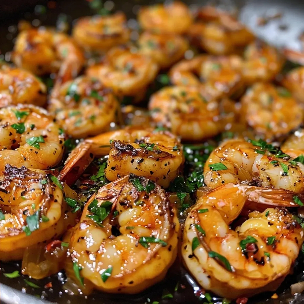 Close-up of a Garlic Shrimp Skillet with golden-brown shrimp and garnished with parsley.