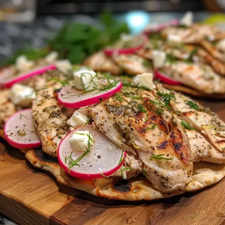 ['Close-up view of Garlicky Lemon & Herb Chicken Flatbreads with vibrant toppings.', 'Side angle of juicy chicken flatbreads garnished with fresh herbs and radishes.', 'Delicious flatbreads topped with chicken, feta, and colorful vegetables.', 'Appetizing Garlicky Lemon & Herb Chicken Flatbreads presented on a wooden board.']