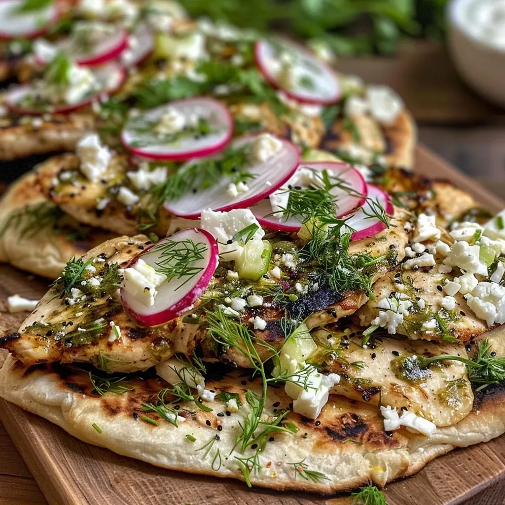 ['Close-up view of Garlicky Lemon & Herb Chicken Flatbreads with vibrant toppings.', 'Side angle of juicy chicken flatbreads garnished with fresh herbs and radishes.', 'Delicious flatbreads topped with chicken, feta, and colorful vegetables.', 'Appetizing Garlicky Lemon & Herb Chicken Flatbreads presented on a wooden board.']