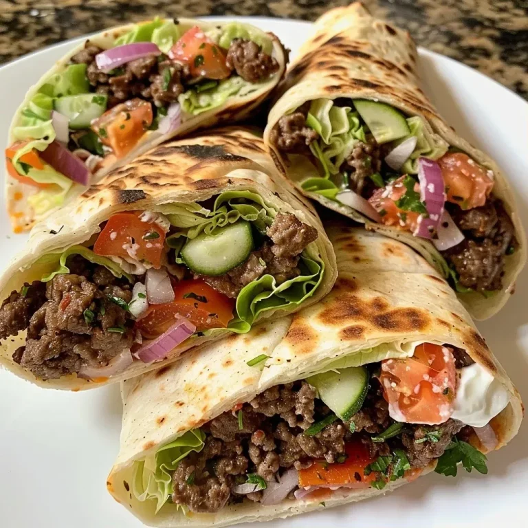 ['Close-up view of Greek Beef Wraps filled with lettuce and tomatoes.', 'Side view of juicy Greek Beef Wraps with cucumber yogurt sauce.', 'Colorful ingredients of Greek Beef Wraps presented on a flatbread.', 'Freshly made Greek Beef Wraps stacked on a plate with sauce on the side.']
