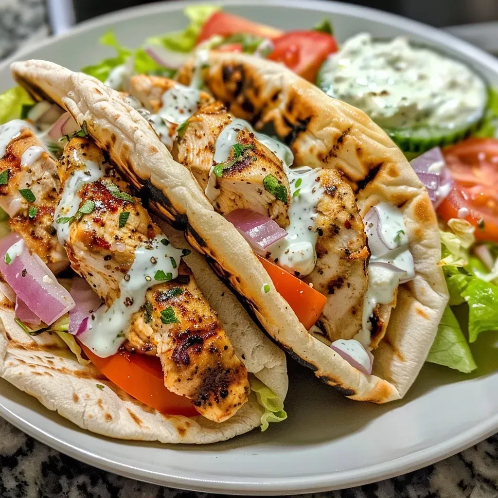 Close-up image of Greek chicken pitas filled with lettuce, tomatoes, and tzatziki sauce.