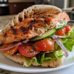 ['Close-up of a Greek Salmon Pita Sandwich with fresh ingredients.', 'Side view of a delicious Salmon Pita, showcasing the vibrant filling.', 'Juicy Greek Salmon Pita Sandwich filled with vegetables and yogurt.', 'Appetizing Salmon Pita Sandwich with cherry tomatoes and feta cheese.']