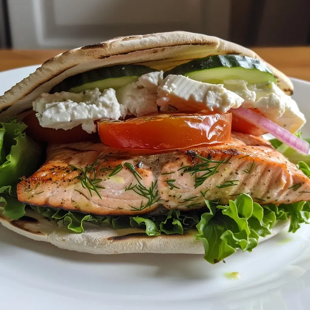 ['Close-up of a Greek Salmon Pita Sandwich with fresh ingredients.', 'Side view of a delicious Salmon Pita, showcasing the vibrant filling.', 'Juicy Greek Salmon Pita Sandwich filled with vegetables and yogurt.', 'Appetizing Salmon Pita Sandwich with cherry tomatoes and feta cheese.']