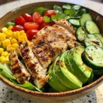 ['A vibrant Grilled Chicken Avocado Salad Bowl with sliced chicken, avocado, and fresh vegetables.', 'Close-up view of a salad featuring grilled chicken, avocado, and colorful veggies in a bowl.', 'Juicy grilled chicken pieces atop a bed of fresh avocado, corn, and tomatoes in a salad bowl.', 'A close-up of a salad bowl showcasing grilled chicken, avocado slices, and assorted vegetables.']
