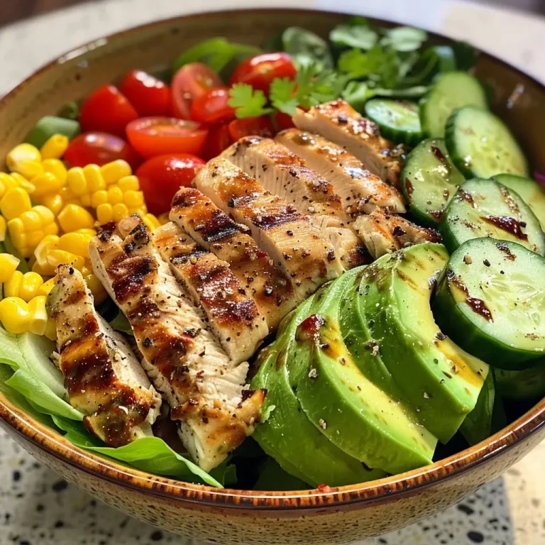 ['A vibrant Grilled Chicken Avocado Salad Bowl with sliced chicken, avocado, and fresh vegetables.', 'Close-up view of a salad featuring grilled chicken, avocado, and colorful veggies in a bowl.', 'Juicy grilled chicken pieces atop a bed of fresh avocado, corn, and tomatoes in a salad bowl.', 'A close-up of a salad bowl showcasing grilled chicken, avocado slices, and assorted vegetables.']