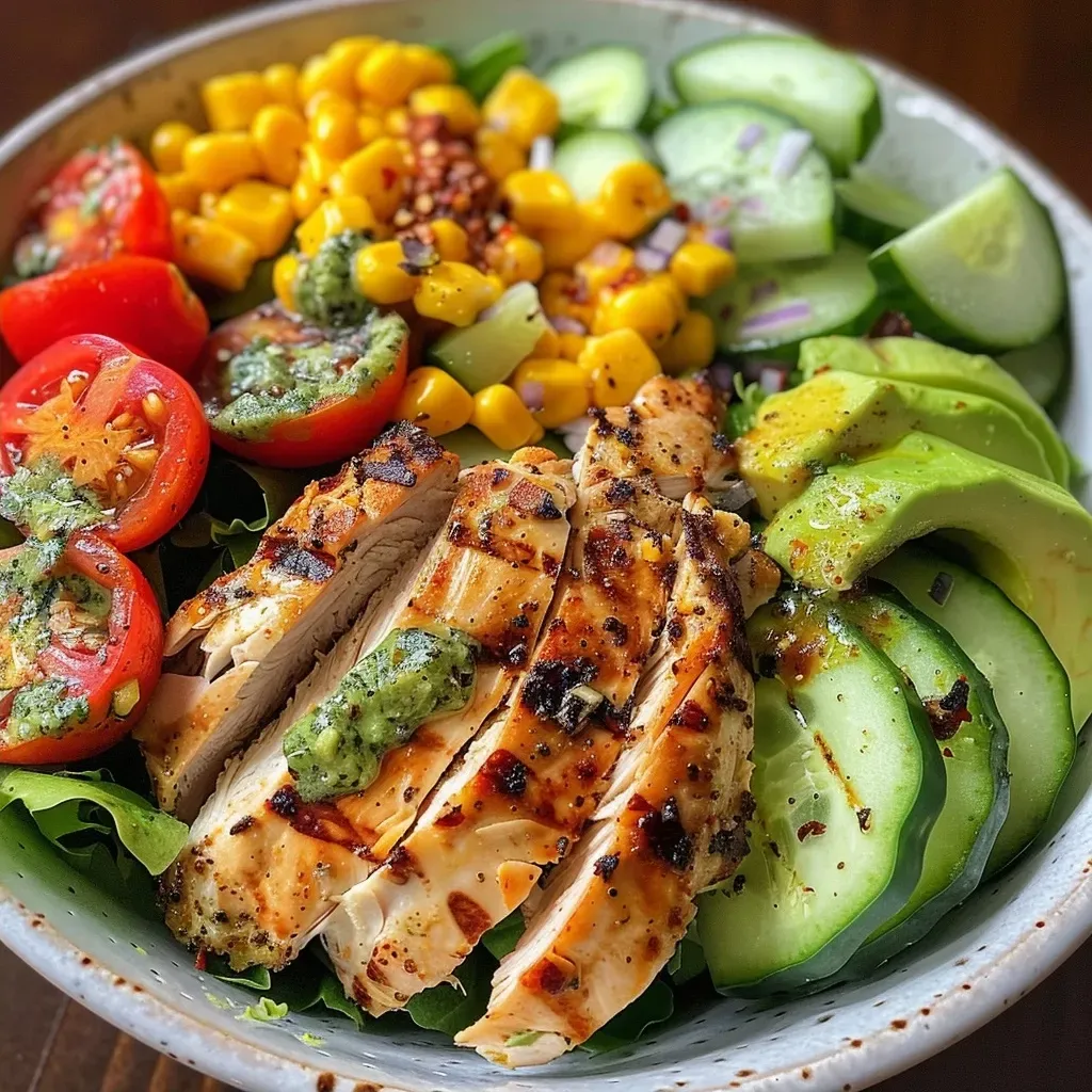 A vibrant Grilled Chicken Avocado Salad Bowl with sliced chicken, avocado, and fresh vegetables.