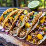 ['Close-up of grilled chicken tacos topped with vibrant mango salsa.', 'Side view of juicy grilled chicken tacos filled with diced mango and fresh cilantro.', 'Delicious grilled chicken tacos with colorful toppings of mango and red onion.', 'Freshly made grilled chicken tacos garnished with mango salsa and lime.']
