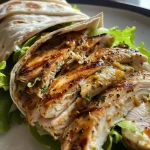 ['A close-up side view of a juicy grilled chicken wrap filled with lettuce and cheese.', 'A detailed image of a grilled chicken wrap showcasing sliced chicken, lettuce, and melted cheese.', 'A vibrant close-up of a grilled chicken wrap with fresh ingredients visible.', 'Side view of a delicious grilled chicken wrap, highlighting its filling and tortilla wrap.']