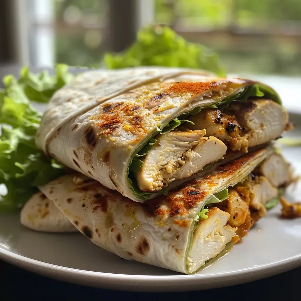 ['A close-up side view of a juicy grilled chicken wrap filled with lettuce and cheese.', 'A detailed image of a grilled chicken wrap showcasing sliced chicken, lettuce, and melted cheese.', 'A vibrant close-up of a grilled chicken wrap with fresh ingredients visible.', 'Side view of a delicious grilled chicken wrap, highlighting its filling and tortilla wrap.']