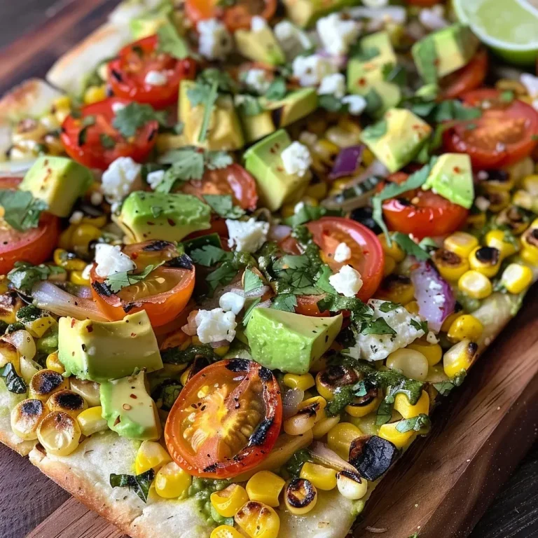 ['Close-up view of grilled corn and avocado flatbread topped with colorful toppings.', 'A side view of a delicious flatbread featuring corn, avocado, and fresh vegetables.', 'Juicy grilled corn and diced avocado on a flatbread, garnished with tomatoes and herbs.', 'Fresh flatbread with grilled corn, avocado, and vibrant toppings arranged aesthetically.']
