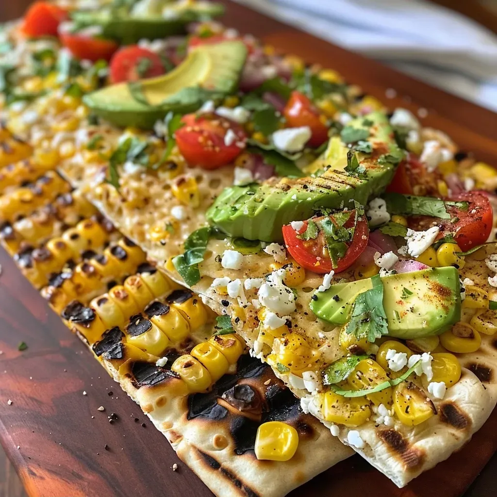 ['Close-up view of grilled corn and avocado flatbread topped with colorful toppings.', 'A side view of a delicious flatbread featuring corn, avocado, and fresh vegetables.', 'Juicy grilled corn and diced avocado on a flatbread, garnished with tomatoes and herbs.', 'Fresh flatbread with grilled corn, avocado, and vibrant toppings arranged aesthetically.']