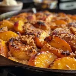 ['Close-up of juicy grilled peach cobbler with golden-brown crust and creamy ice cream.', 'Side view of a delicious peach cobbler, featuring grilled peaches and a scoop of vanilla ice cream.', 'A mouthwatering grilled peach cobbler placed in a rustic dish, topped with melted ice cream.', 'Succulent slices of grilled peaches in a cobbler, with a drizzle of syrup and ice cream on the side.']