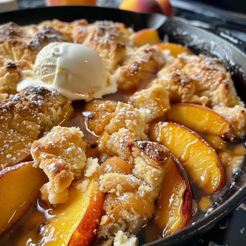 Close-up of juicy grilled peach cobbler with golden-brown crust and creamy ice cream.