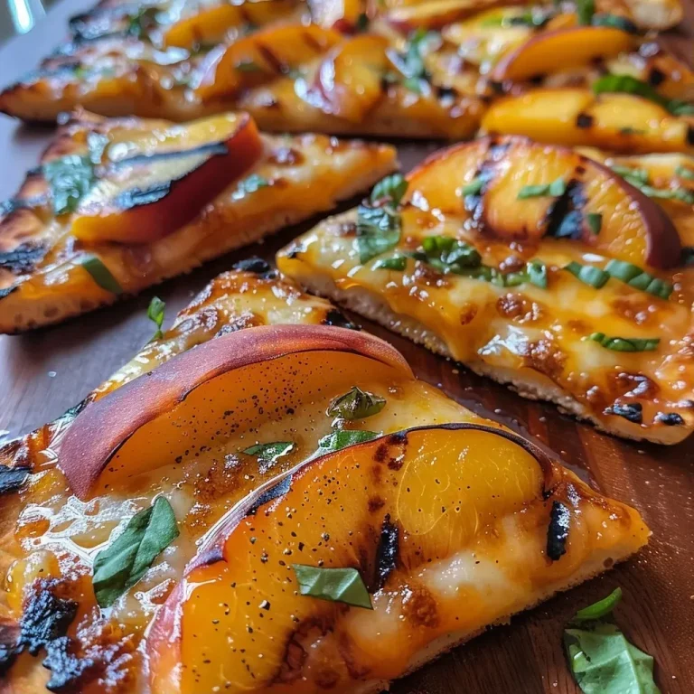 ['Delicious grilled peach flatbread topped with mozzarella and drizzled with hot honey.', 'Side view of grilled peach flatbread showcasing fresh peaches and melted cheese.', 'Juicy grilled peach slices on flatbread, garnished with basil and hot honey.', 'Close-up of grilled peach flatbread featuring golden peaches and vibrant toppings.']