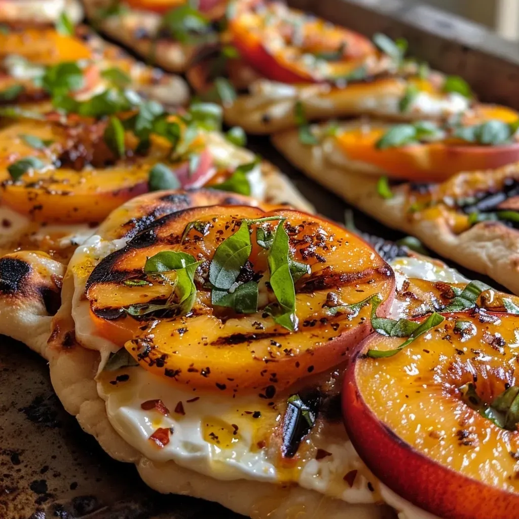 Delicious grilled peach flatbread topped with mozzarella and drizzled with hot honey.