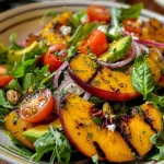 ['Close-up of a vibrant Grilled Peach Salad featuring peach wedges, leafy greens, and cherry tomatoes.', 'Side view of a colorful salad with grilled peaches, avocado, goat cheese, and a sprinkle of pistachios.', 'Juicy grilled peach salad topped with fresh basil vinaigrette, red onion, and cherry tomatoes.', 'A fresh salad showcasing grilled peaches, mixed greens, and diced avocado, garnished with nuts.']