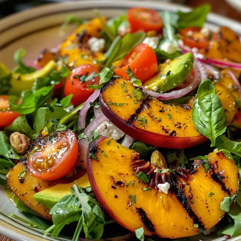 ['Close-up of a vibrant Grilled Peach Salad featuring peach wedges, leafy greens, and cherry tomatoes.', 'Side view of a colorful salad with grilled peaches, avocado, goat cheese, and a sprinkle of pistachios.', 'Juicy grilled peach salad topped with fresh basil vinaigrette, red onion, and cherry tomatoes.', 'A fresh salad showcasing grilled peaches, mixed greens, and diced avocado, garnished with nuts.']