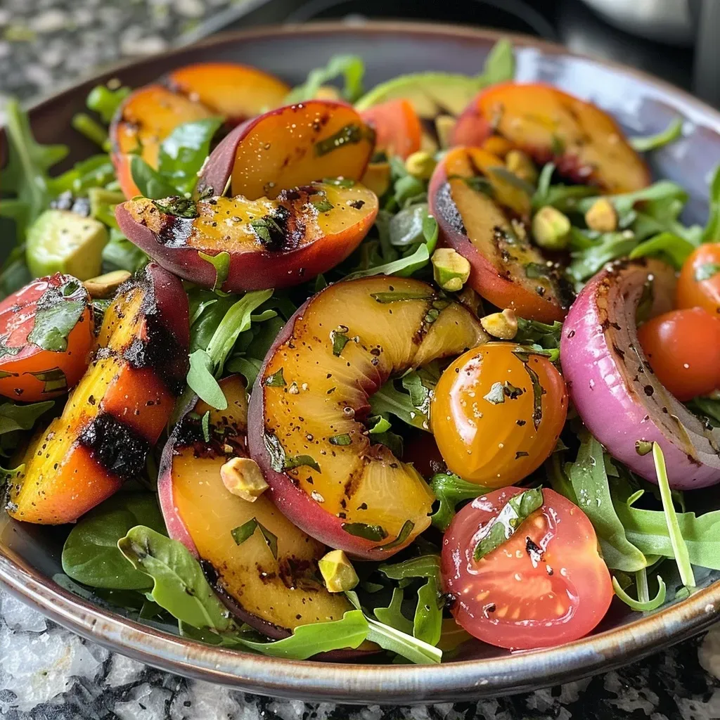 Close-up of a vibrant Grilled Peach Salad featuring peach wedges, leafy greens, and cherry tomatoes.