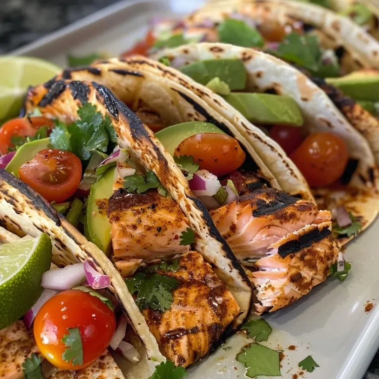 ['Close-up view of grilled salmon tacos topped with avocado salsa, served in a tortilla.', 'Juicy grilled salmon tacos with fresh avocado salsa, garnished with lime wedges and herbs.', 'A side view of vibrant grilled salmon tacos filled with diced avocados and crunchy cabbage.', 'Colorful presentation of grilled salmon tacos with avocado salsa and cherry tomato garnish.']