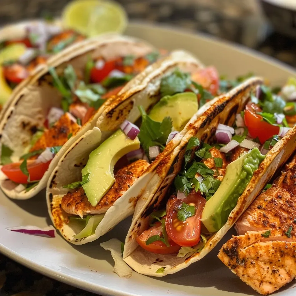 Close-up view of grilled salmon tacos topped with avocado salsa, served in a tortilla.