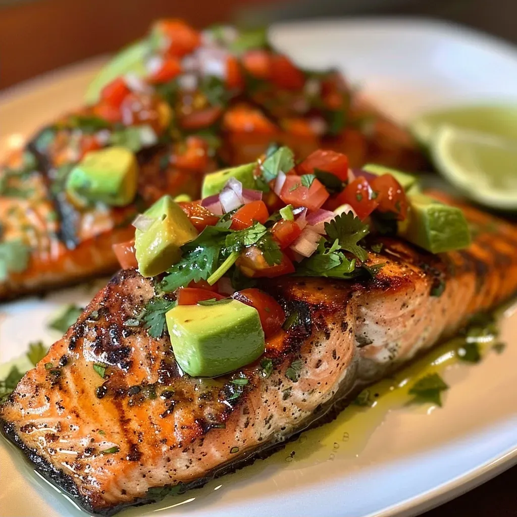 Close-up of grilled salmon fillet topped with fresh avocado salsa.