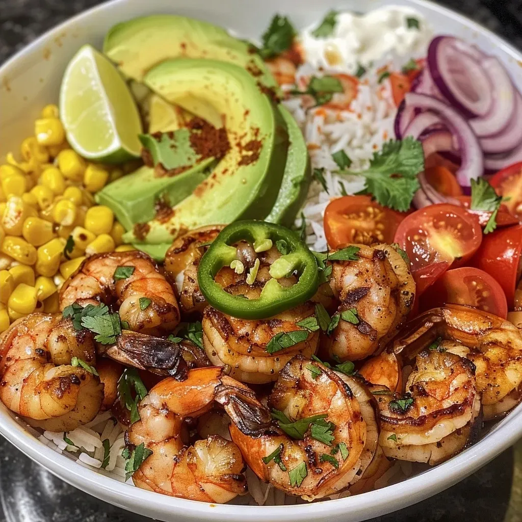 Close-up of a grilled shrimp bowl with avocado corn salsa.