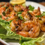 ['Close-up of Grilled Shrimp Lettuce Wraps with vibrant green lettuce and succulent shrimp.', 'Juicy grilled shrimp nestled in a butter leaf lettuce wrap with fresh herbs and vegetables.', 'Side view of a delicious lettuce wrap filled with grilled shrimp and colorful shredded greens.', 'Freshly prepared grilled shrimp wrapped in lettuce, garnished with herbs and spices.']