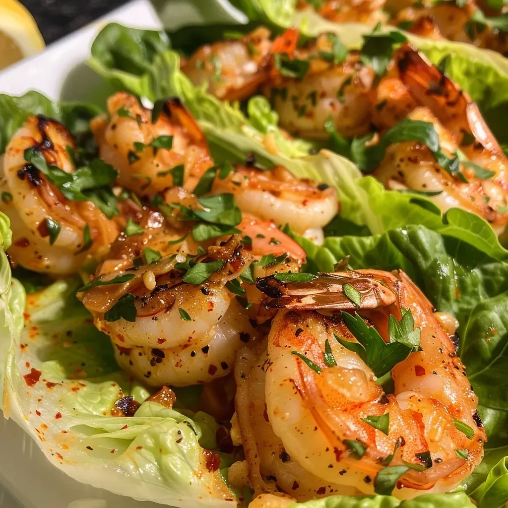 Close-up of Grilled Shrimp Lettuce Wraps with vibrant green lettuce and succulent shrimp.
